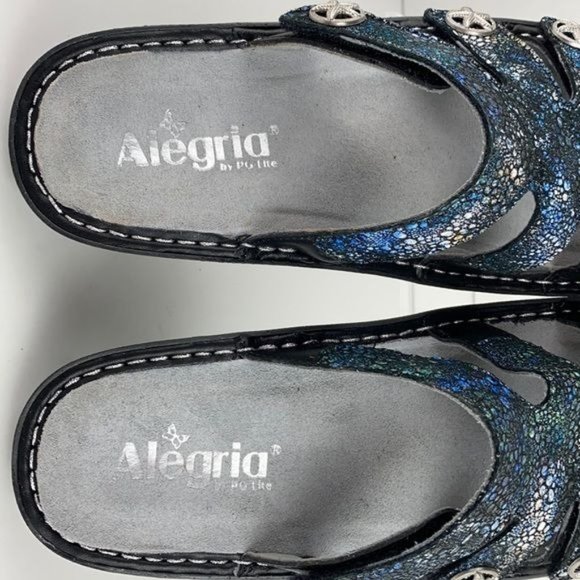 Size EU 38 Alegria Dinah Leather Slip-On Sandals w/ Strap Details - Deep Sea - Picture 8 of 10